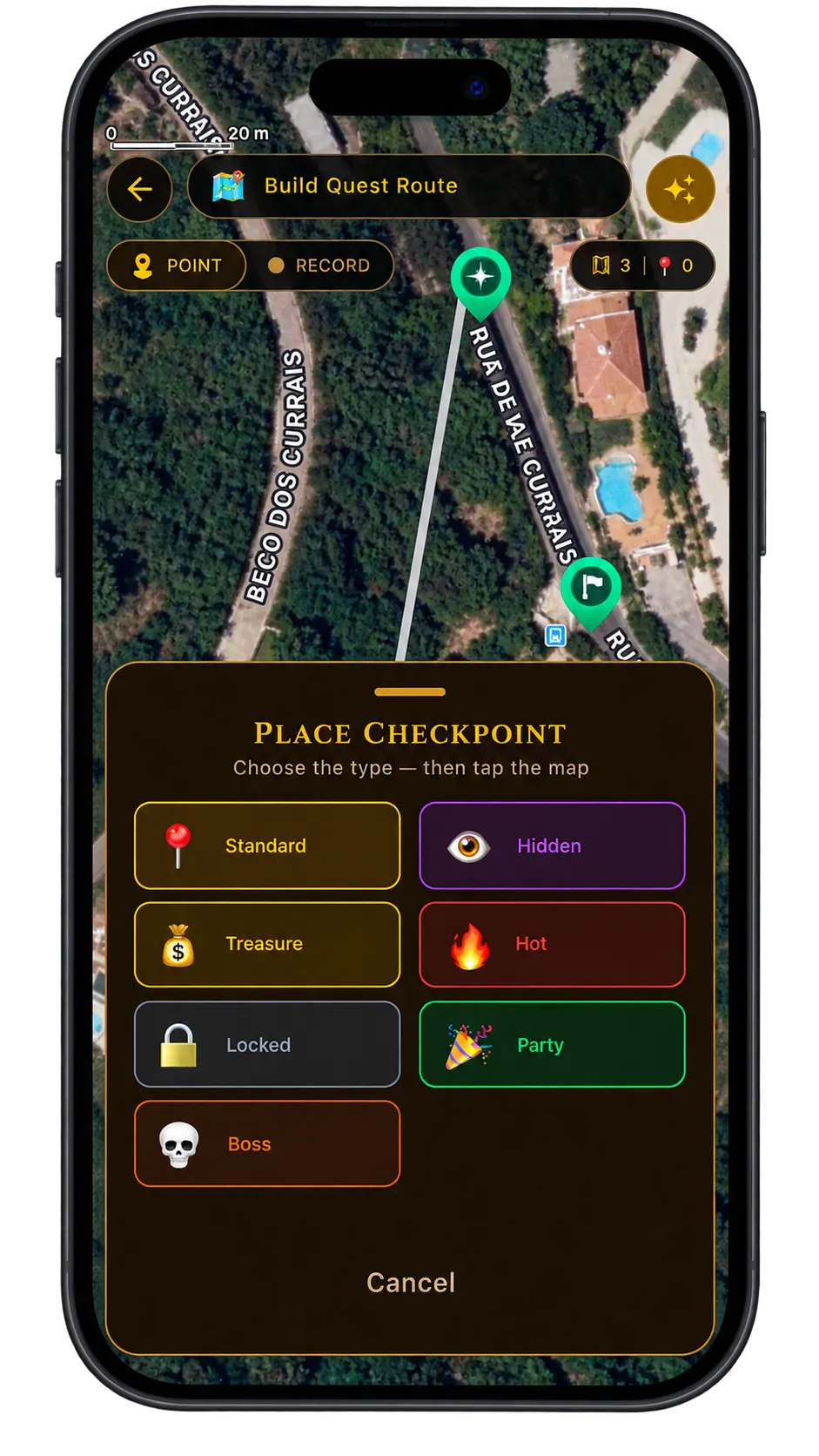 Build Path screen showing a drawn route and checkpoints