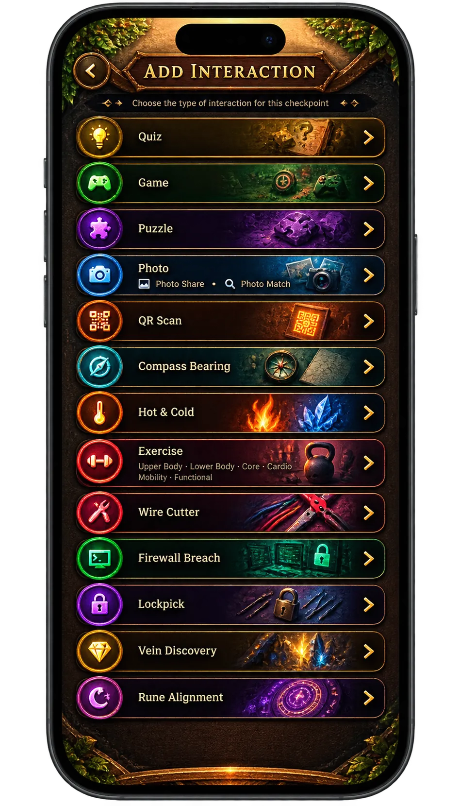 Checkpoint screen with interaction types and media slider