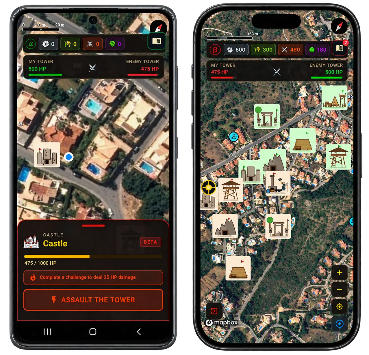 Attacking an opponent castle, shown on two devices