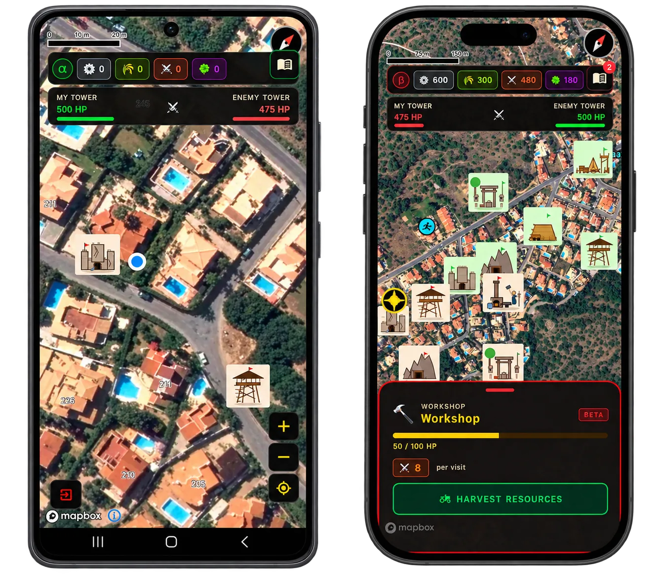 Harvesting resources in Dominion, shown on two devices