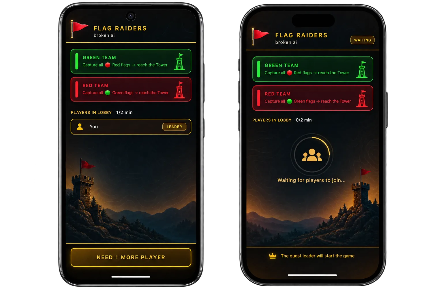 Flag Raiders lobby with red and green teams