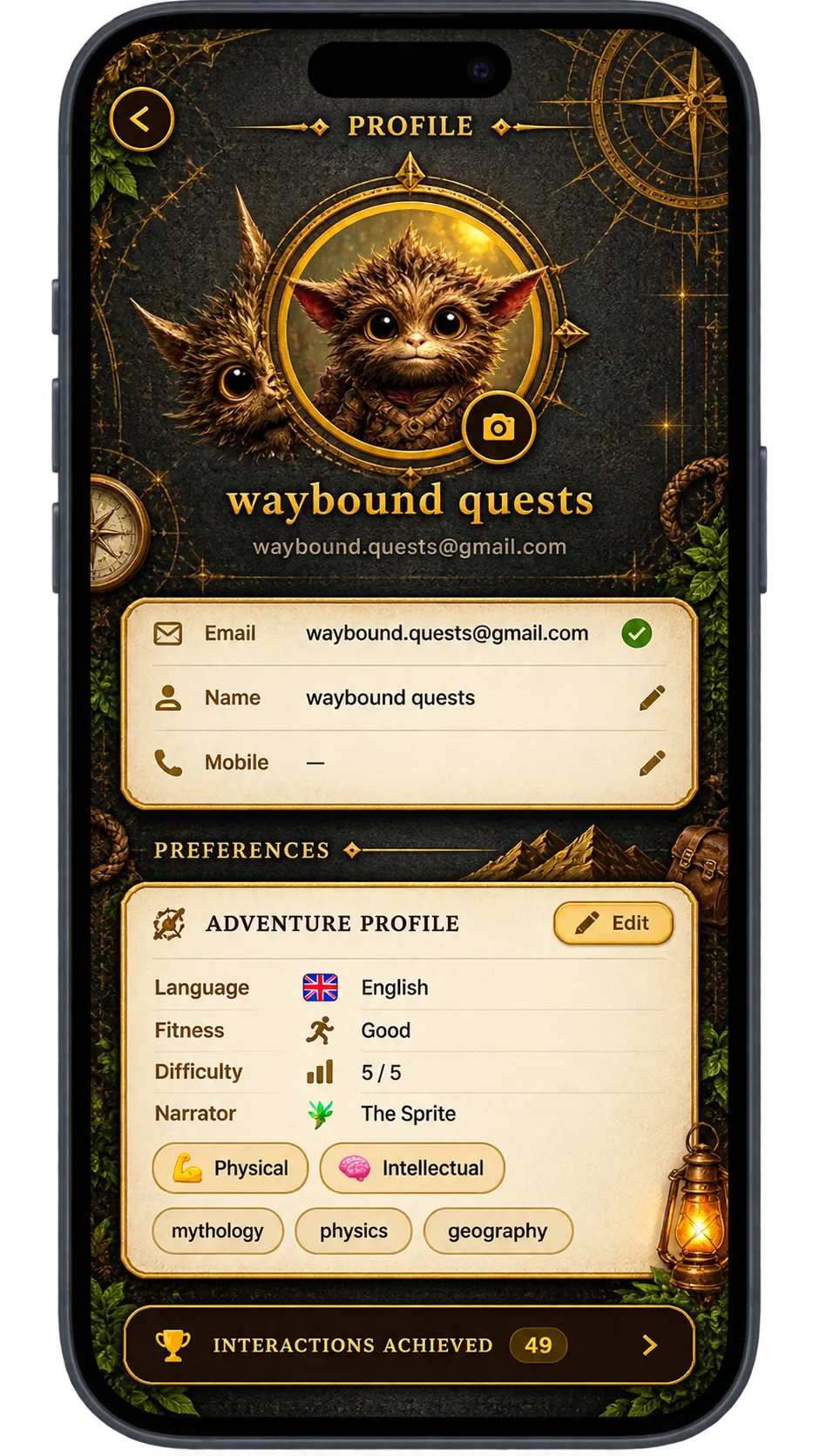 Profile screen with personal and quest settings